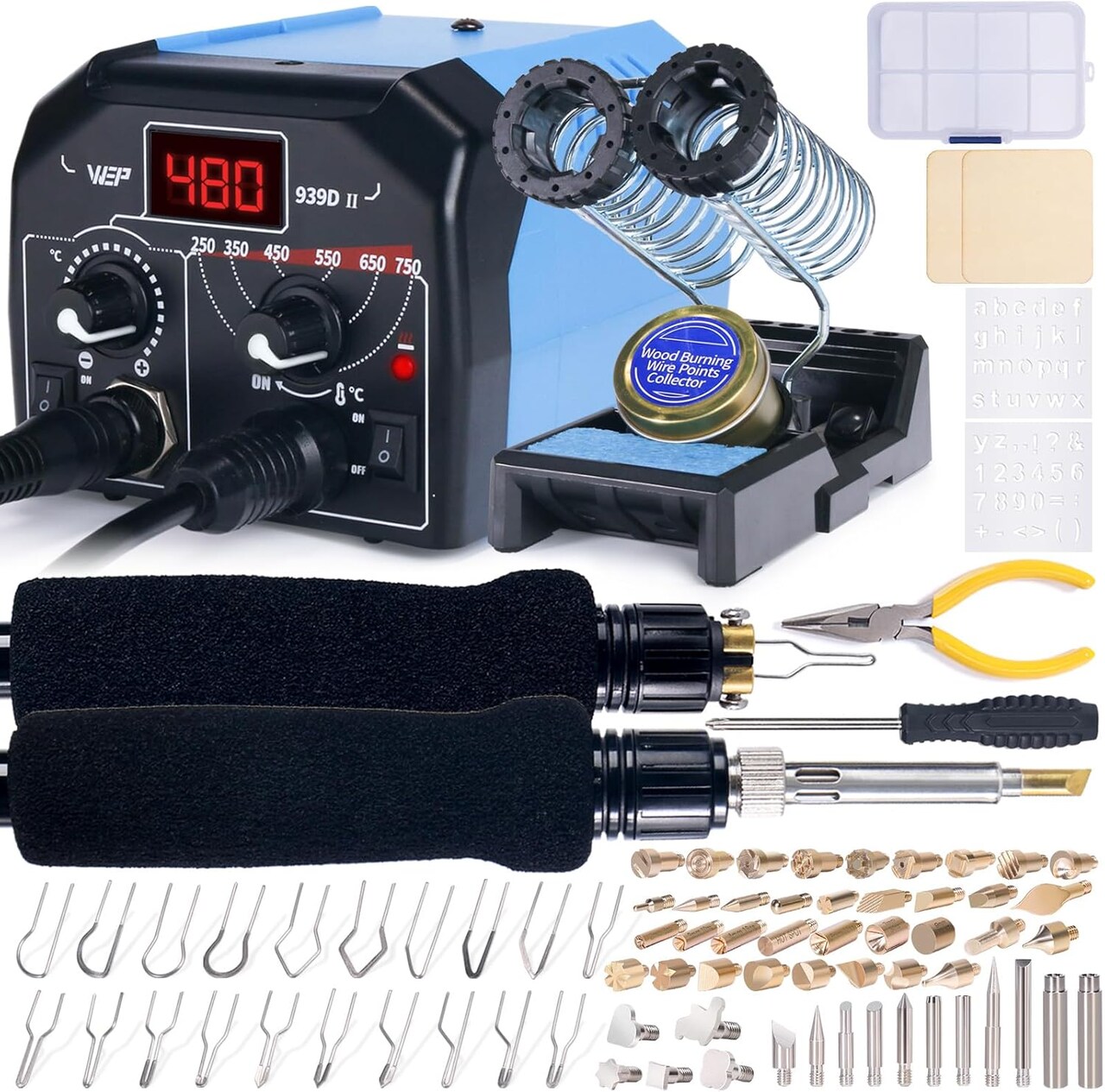 Wood Burning Kit 86-IN-1 with 51 Solid Points and 20 Wire Nibs Wood Burner with 2 Letter Number Stencils, 2 Unfinished Wood, 1 Pen Holder, Burning Tool